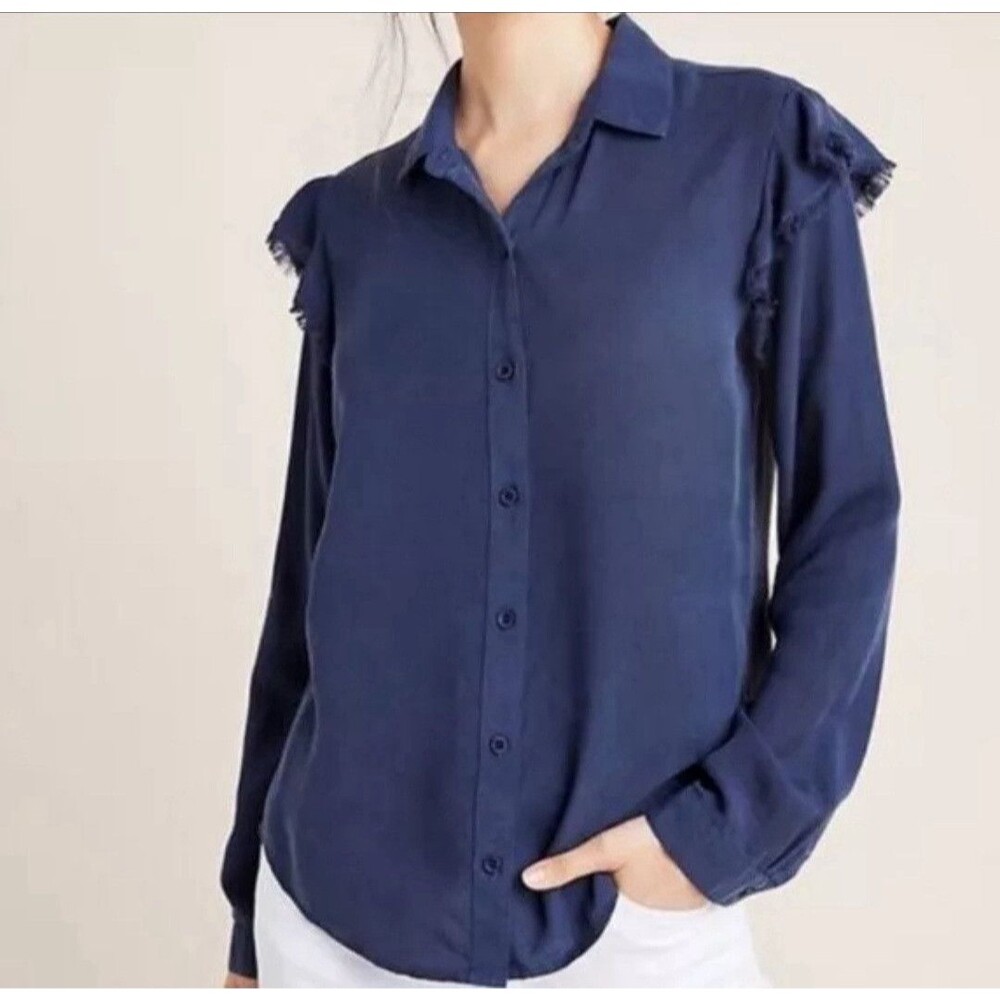 Anthropologie Cloth & Stone Frayed Ruffle Button Down Shirt - Navy - Women's XS